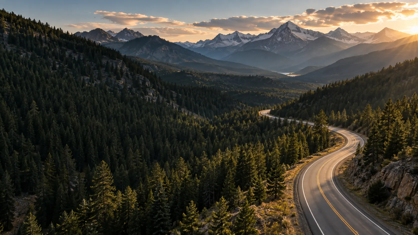 Illustrated mountain highway winding through Colorado-inspired evergreen forest